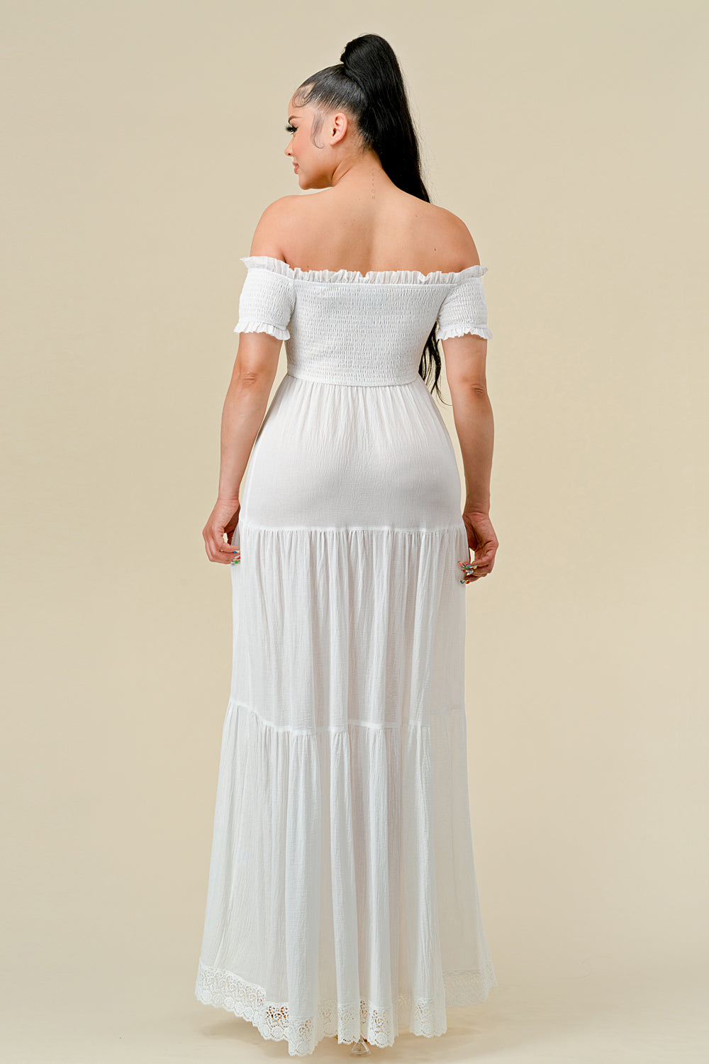 Long Off Shoulder Ruched Maxi Dress