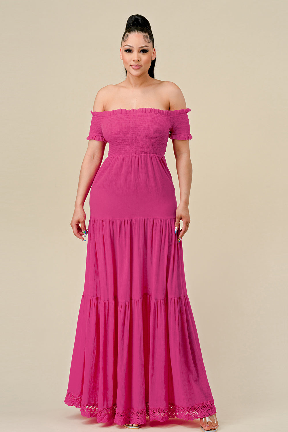 Long Off Shoulder Ruched Maxi Dress