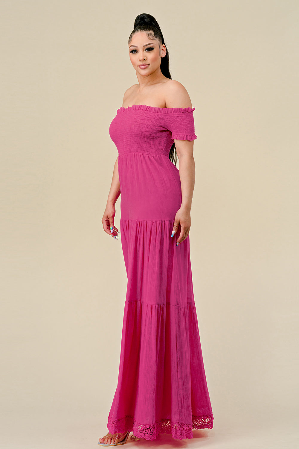 Long Off Shoulder Ruched Maxi Dress