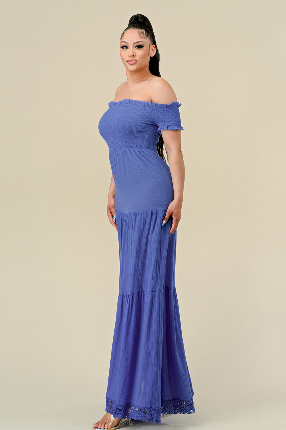 Long Off Shoulder Ruched Maxi Dress