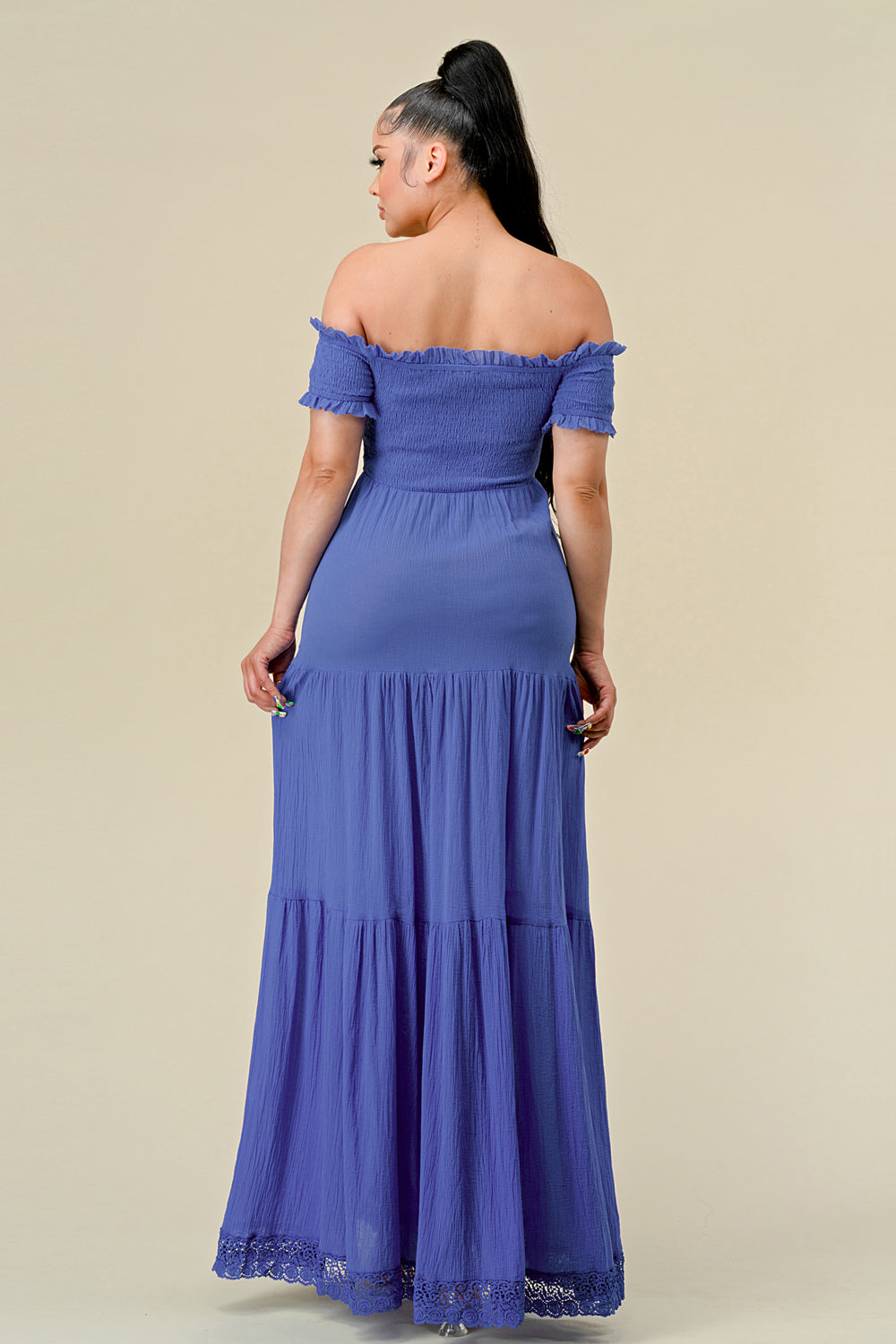 Long Off Shoulder Ruched Maxi Dress