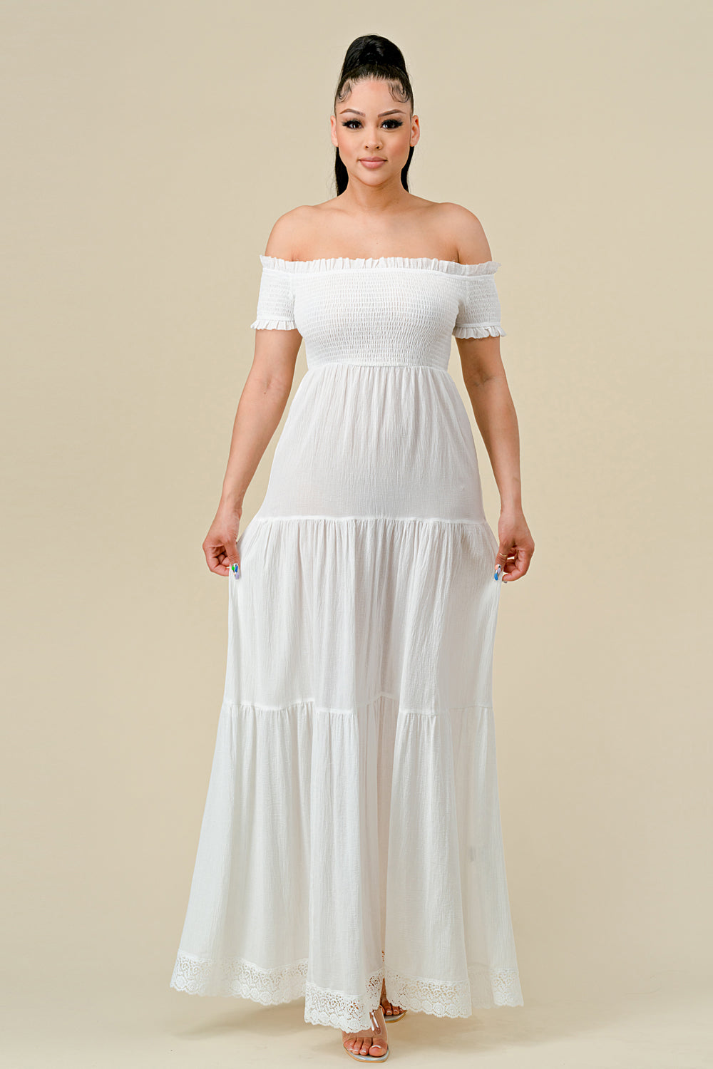 Long Off Shoulder Ruched Maxi Dress