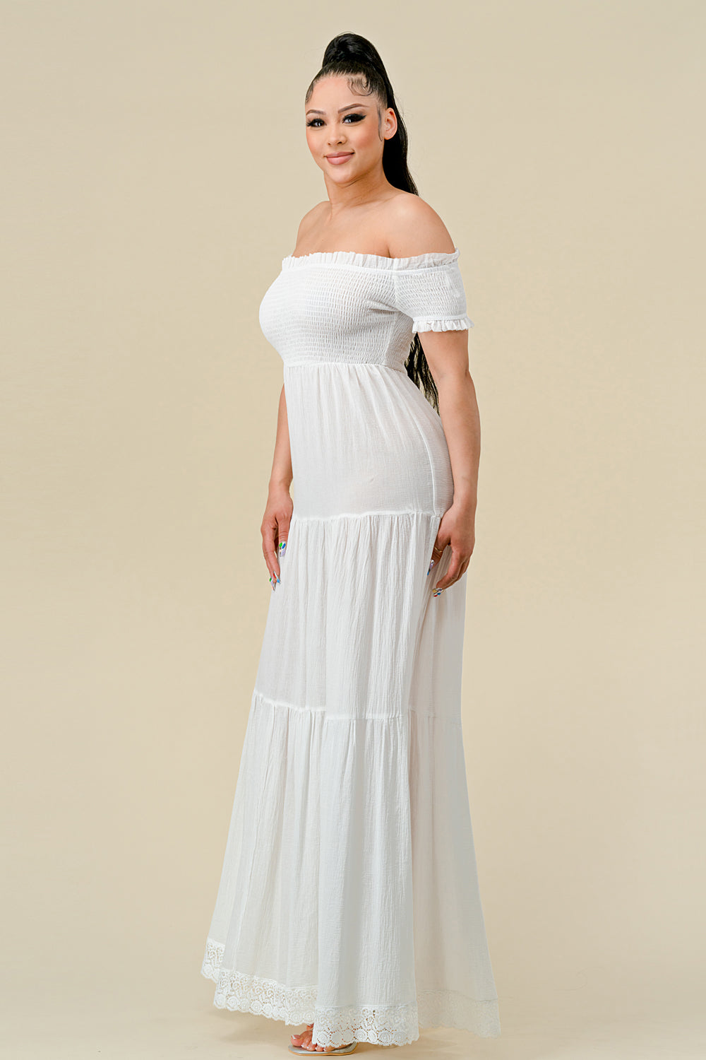 Long Off Shoulder Ruched Maxi Dress