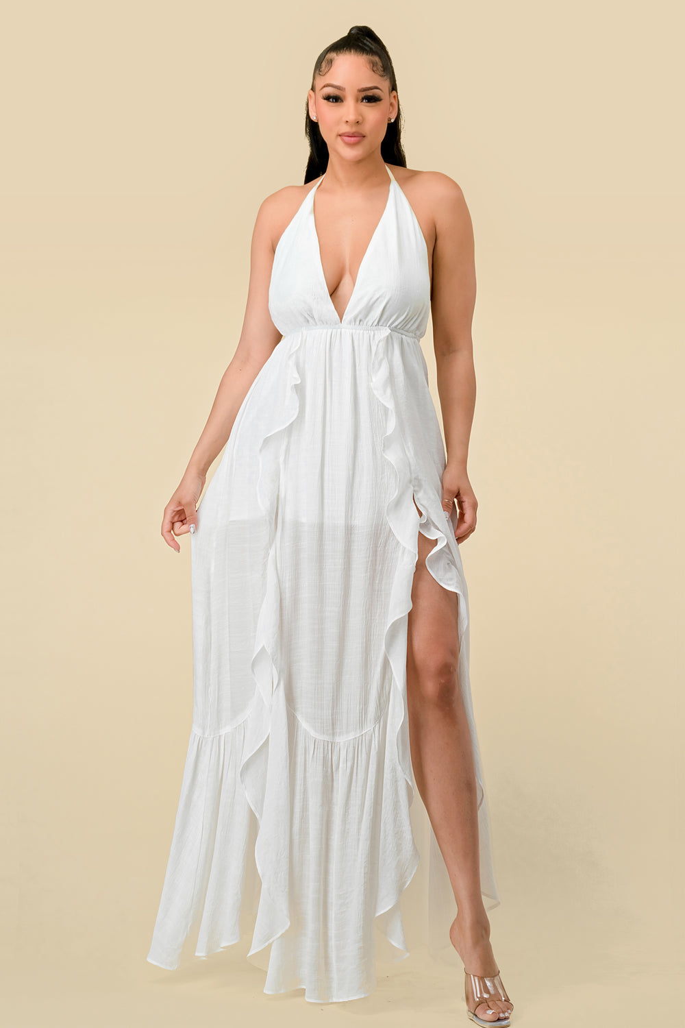 Long Halter Ruffled Slit Maxi Dress