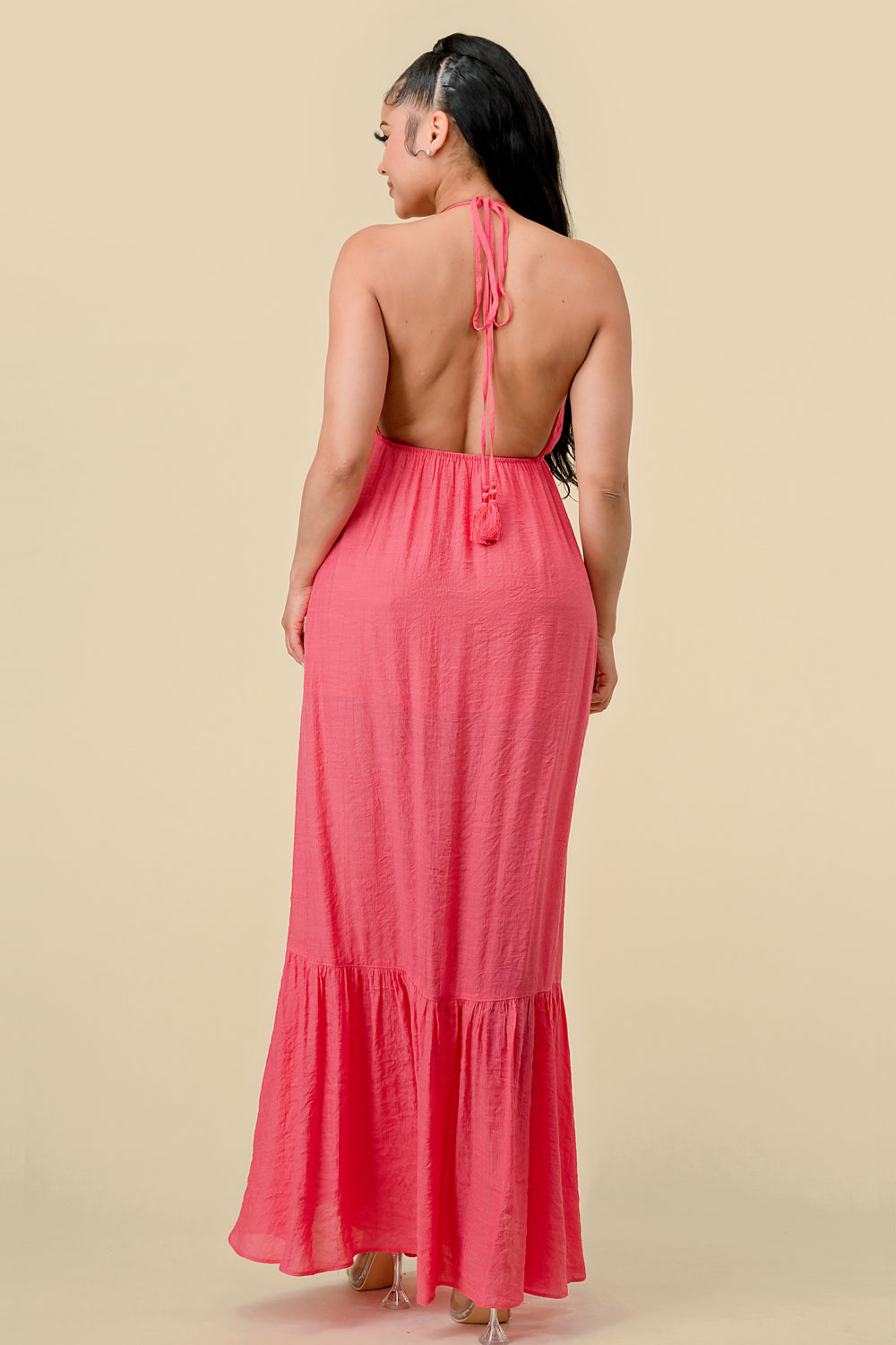 Long Halter Ruffled Slit Maxi Dress