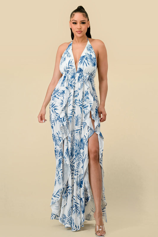 Long Halter Ruffled Slit Maxi Dress