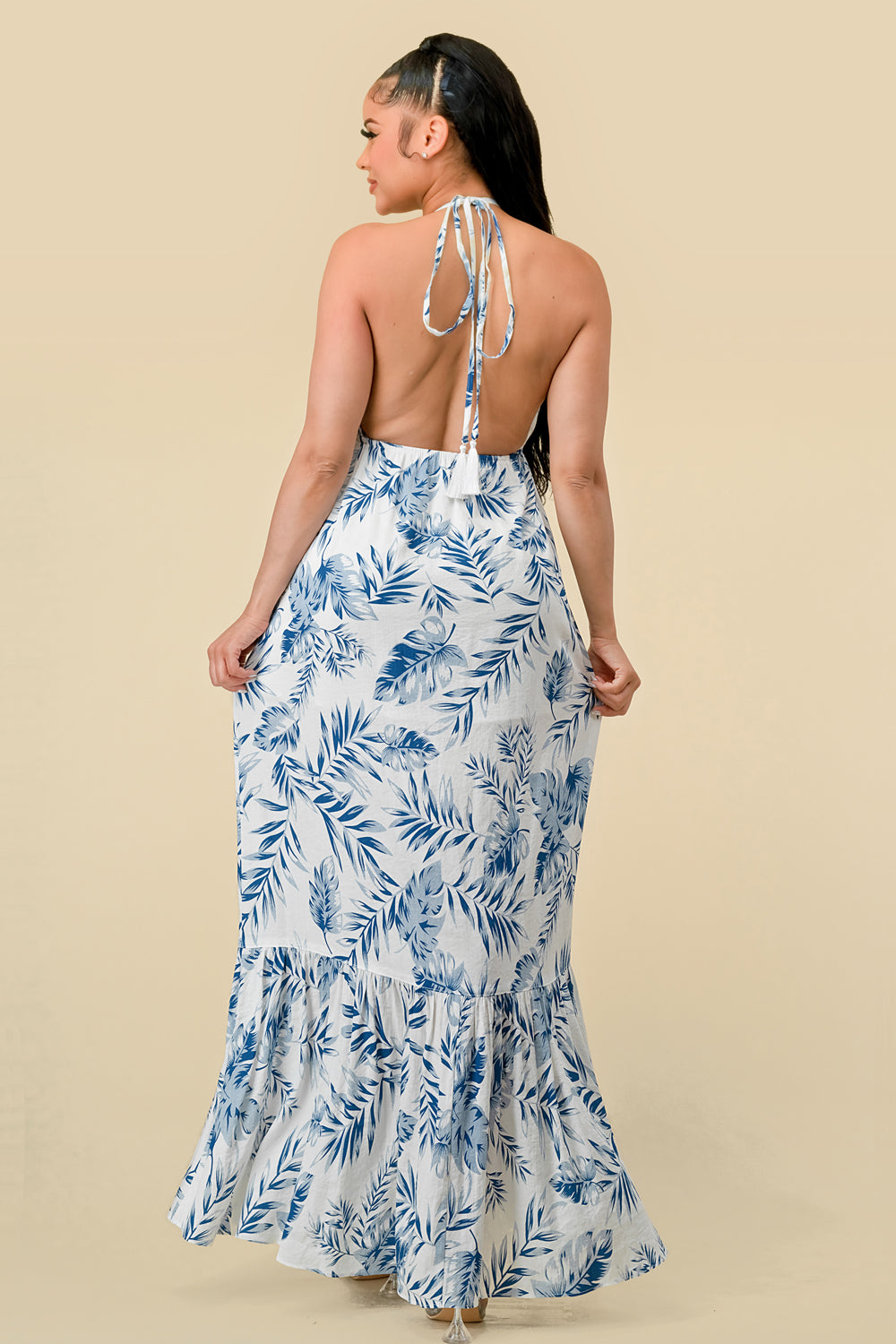 Long Halter Ruffled Slit Maxi Dress