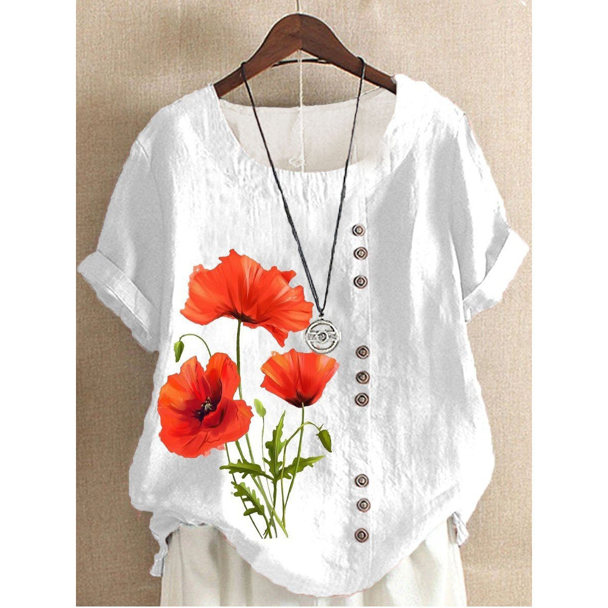 Summer New Printed Floral Button Short Sleeve