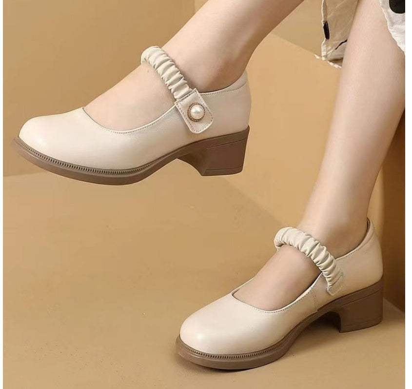 Mary Jane Leather Shoes Women's Pearl Japanese Style