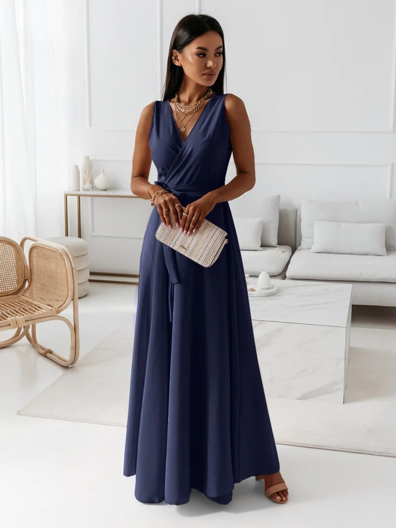 V-neck Sleeveless Dress With Belt Summer Fashion Party Club Evening Maxi Dresses For Women Clothing