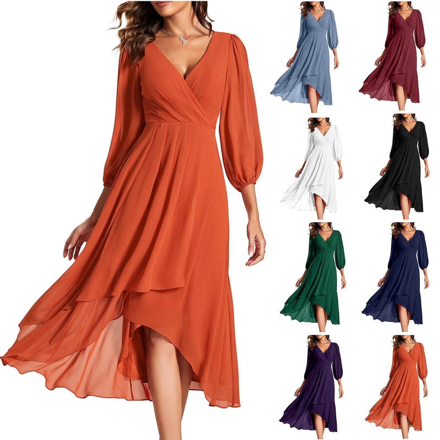 Women's V-neck Long-sleeved Dress Loose Party Evening Dress