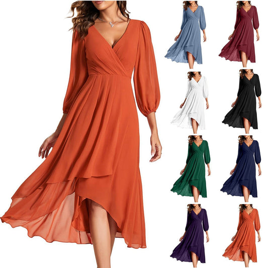 Women's V-neck Long-sleeved Dress Loose Party Evening Dress