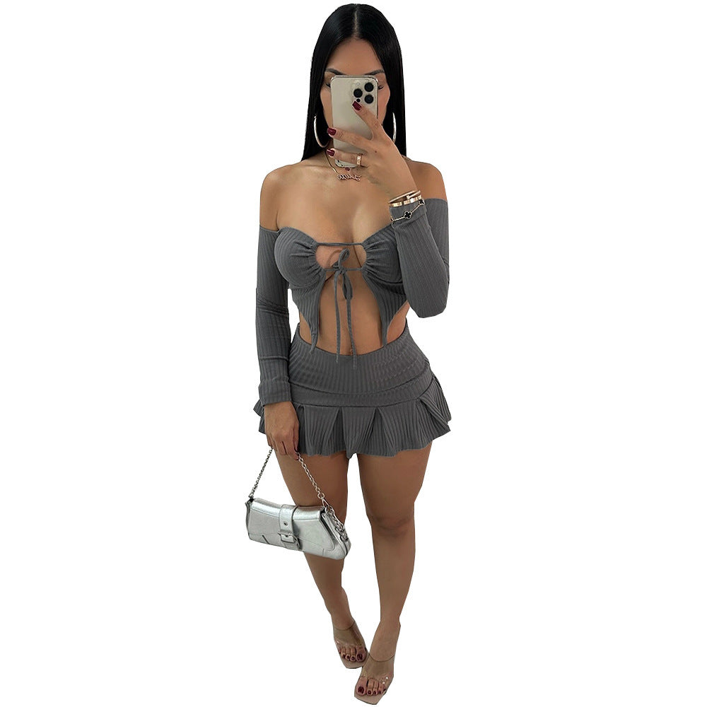 Female Hollowed Out One Collar Tied Top And Short Skirt Set