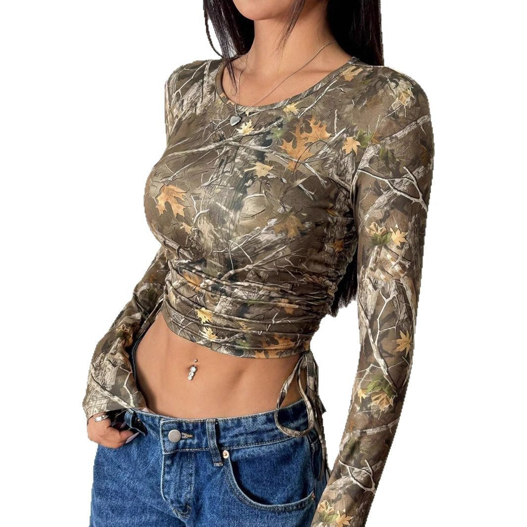 Mesh Branch Printing Side Drawstring Fitted Short T-shirt