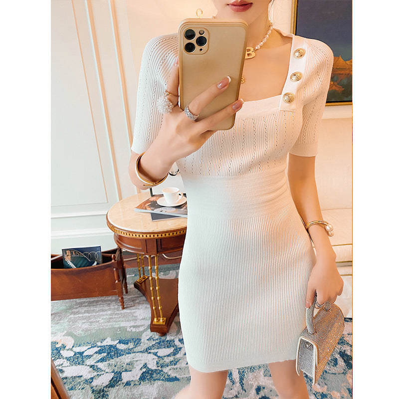 Spring And Summer New Temperament Metal Buckle Women's Slim Stretch Knit Dress