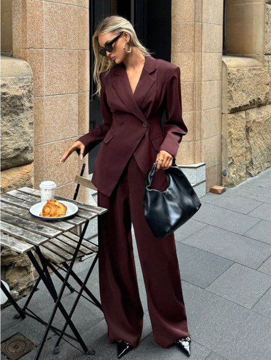 Aloruh Women's Notched Collar Jacket And Pants Commuting Daily Basic Business Suit Set