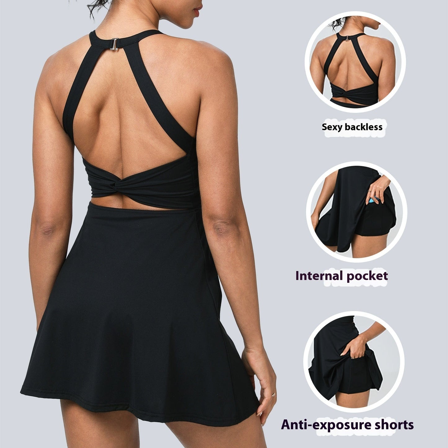 New Nude Feel Halter Beauty Back Exercise Dress Fake Two-piece Anti-exposure