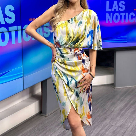 Printed Diagonal Shoulder Bohemian Casual Dress