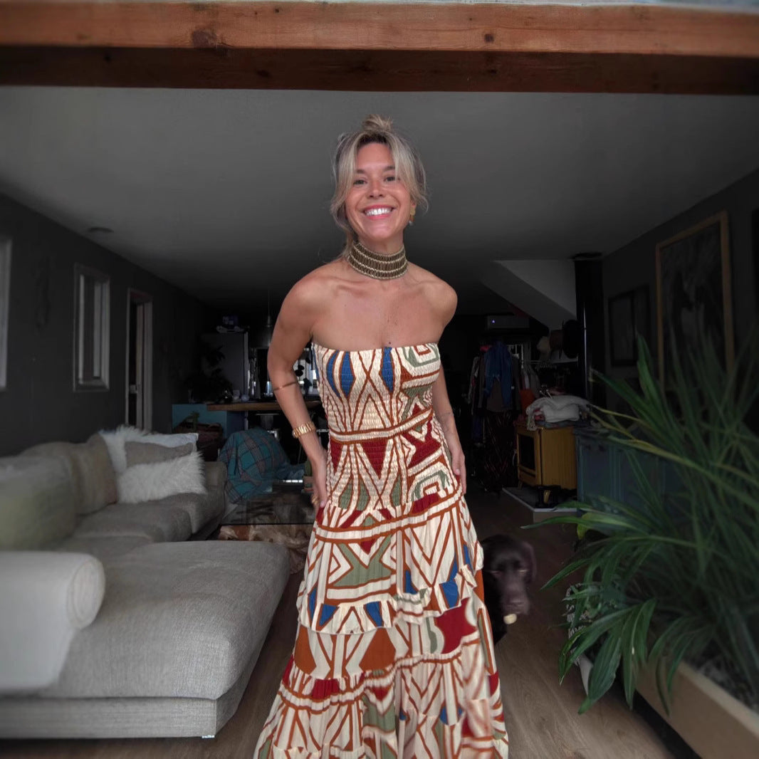 Women's Retro High Waist Printing Slip Dress