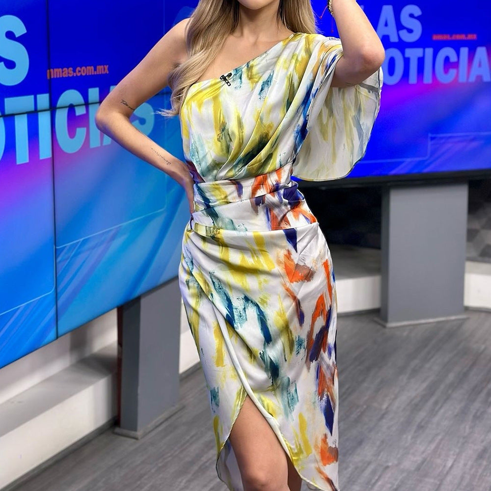 Printed Diagonal Shoulder Bohemian Casual Dress