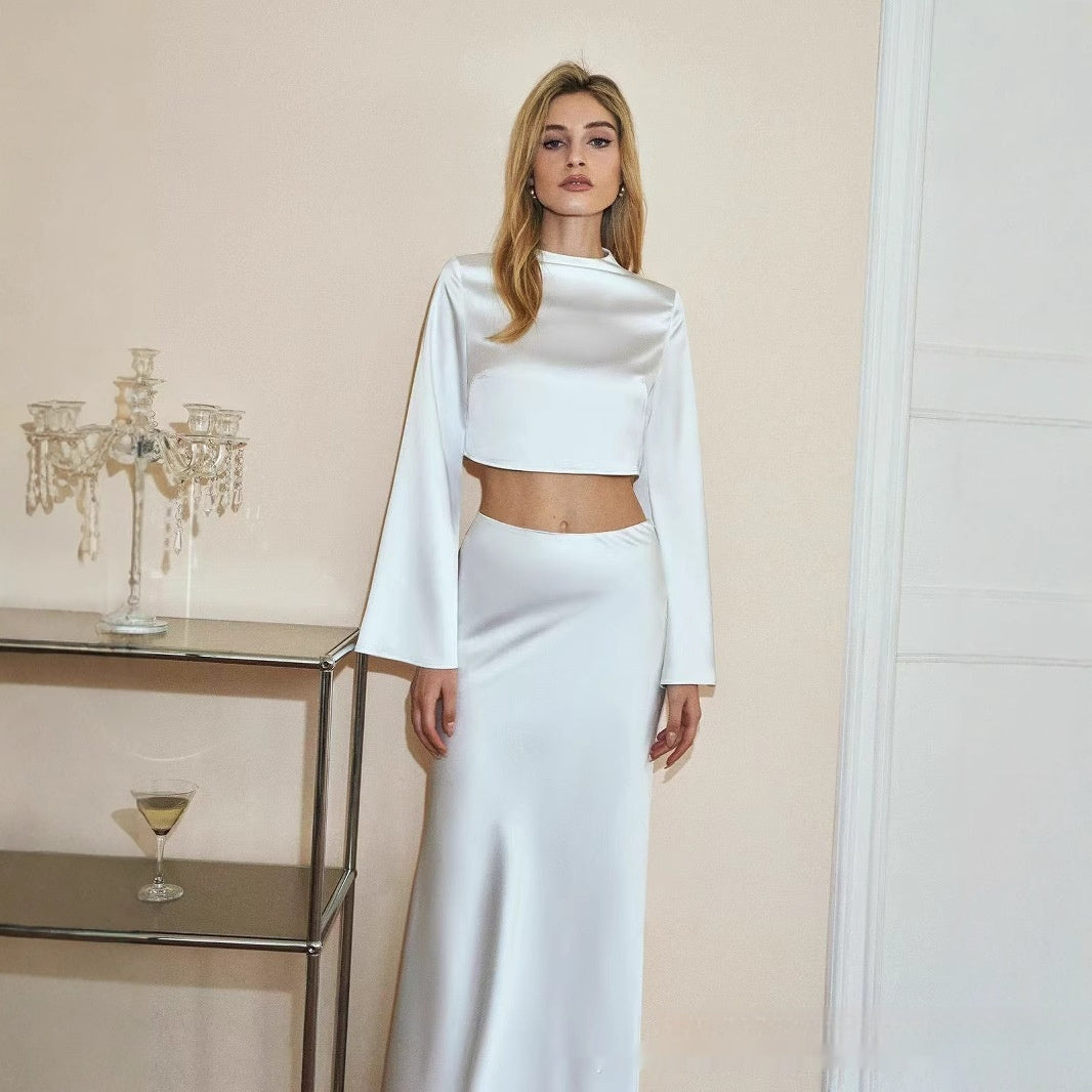 European And American Fashion High-grade Acetate Button Top Solid Color Suit Drape Skirt