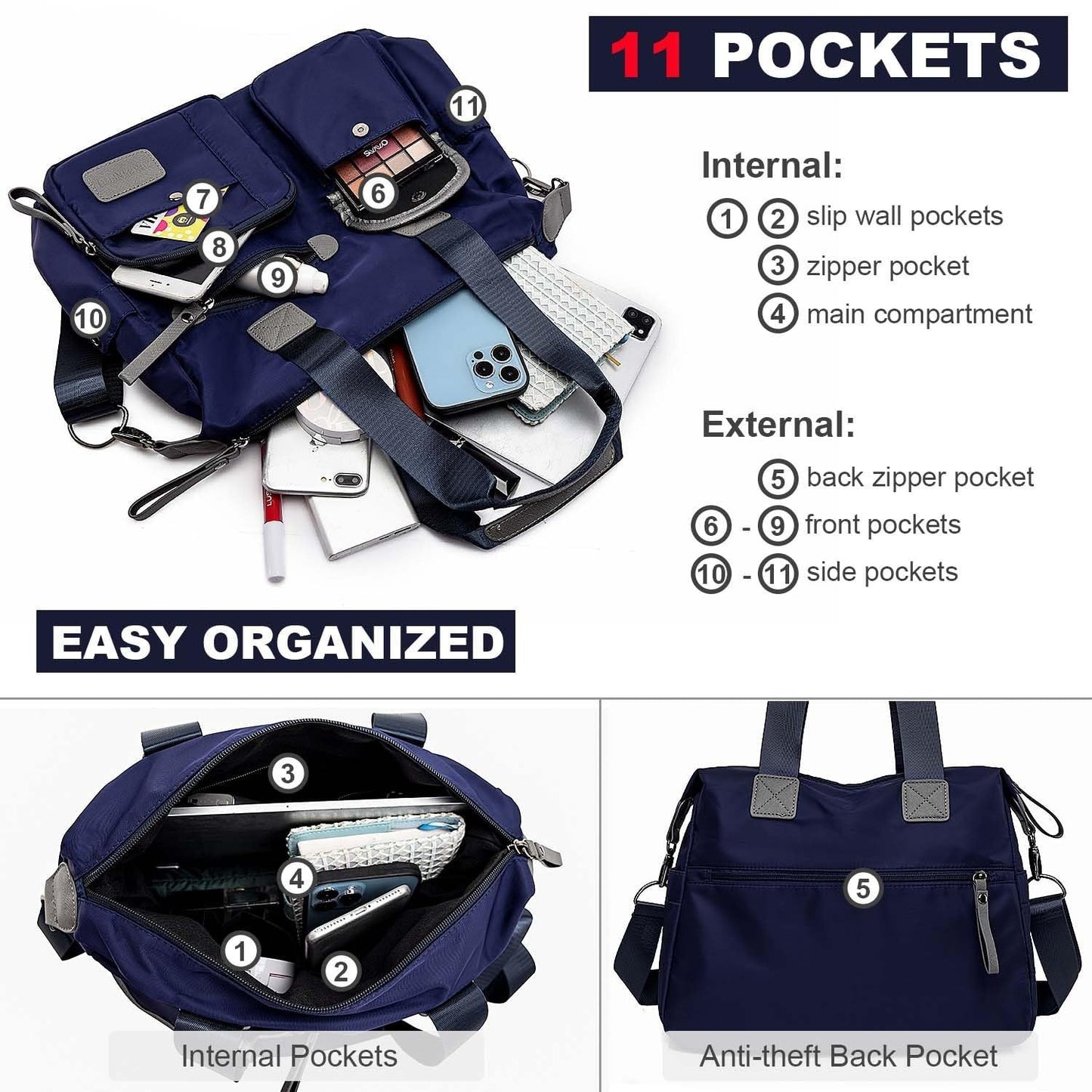 Tote Bag For Women, Multi Pockets Shoulder Handbag, Nurse Bag For Work, Large Cross Body Purse, Fashion Nylon Top Handle Satchel