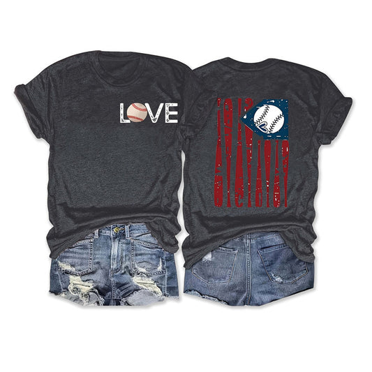 Women's Baseball Print Round Neck Tee - Front & Back Graphic Summer Casual T-Shirt