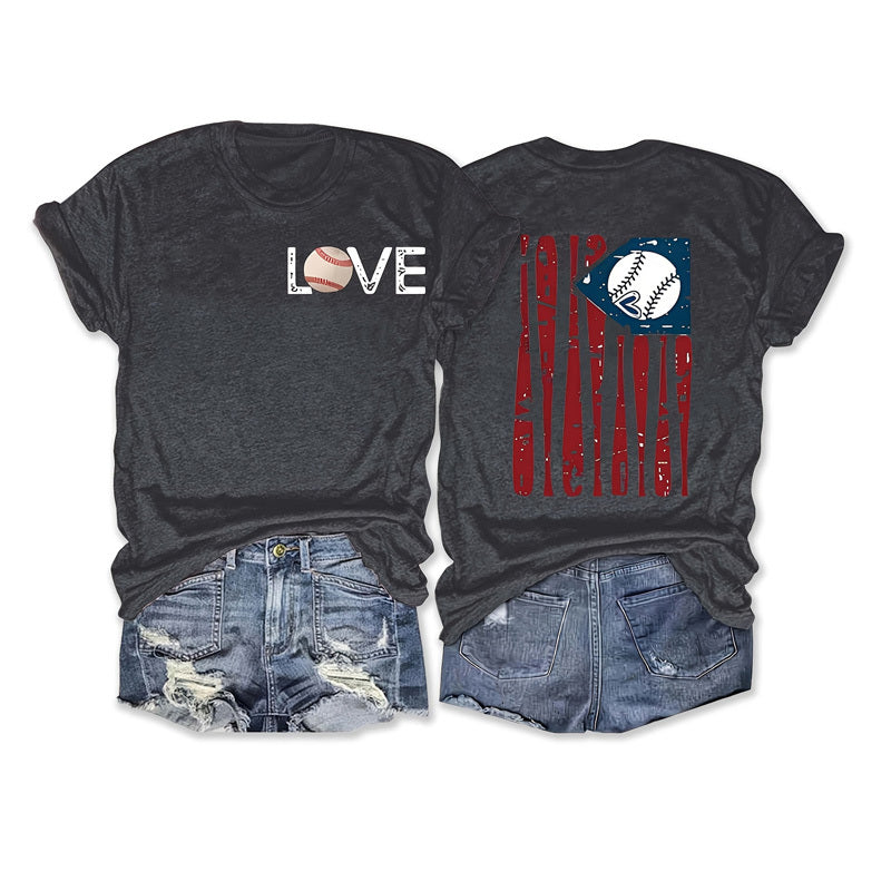 Women's Baseball Print Round Neck Tee - Front & Back Graphic Summer Casual T-Shirt
