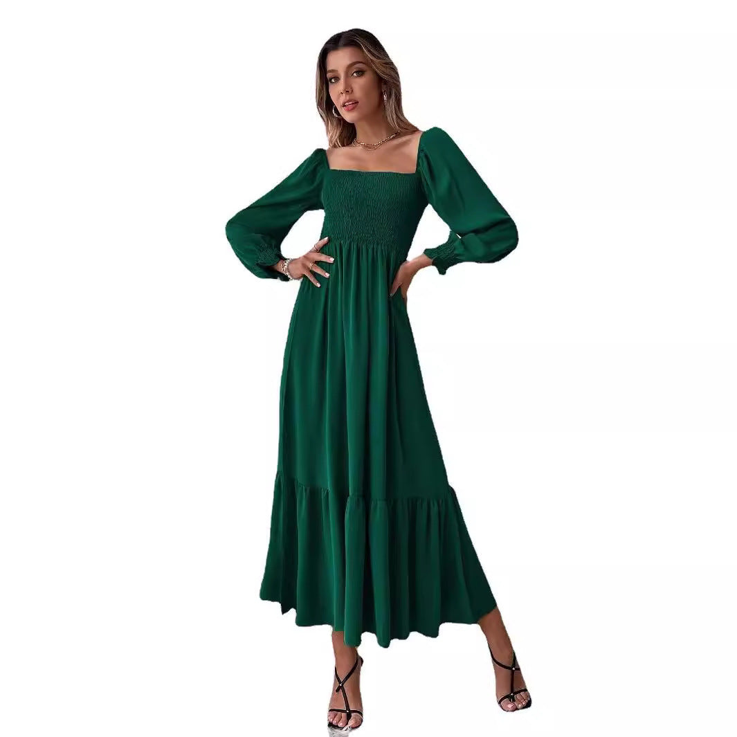 Pullover Square Collar Long Sleeve Ruffled High Waist Tight Temperament Dress