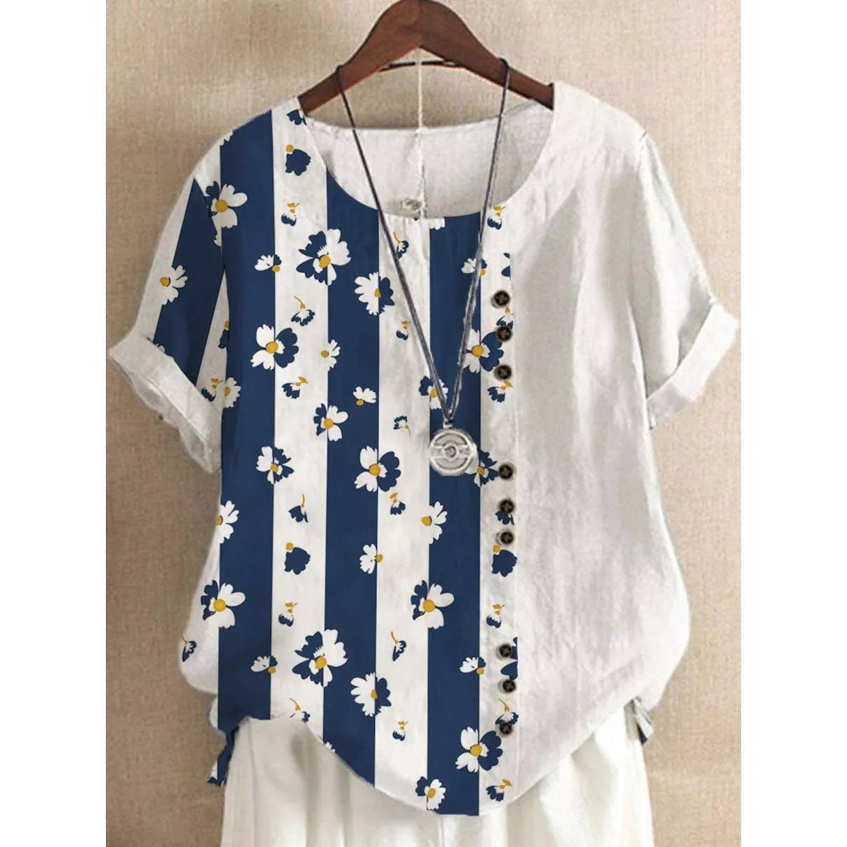 Summer New Printed Floral Button Short Sleeve