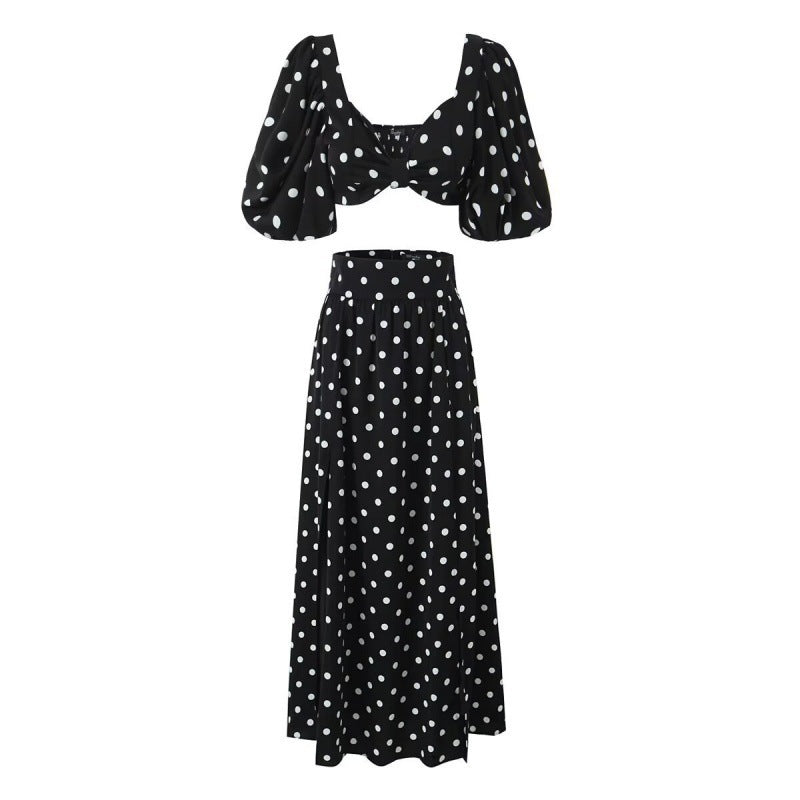 Seaside Vacation Sexy Polka Dot Split Top Mid-length Dress Set