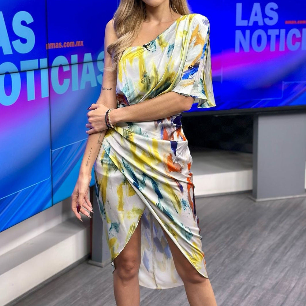 Printed Diagonal Shoulder Bohemian Casual Dress