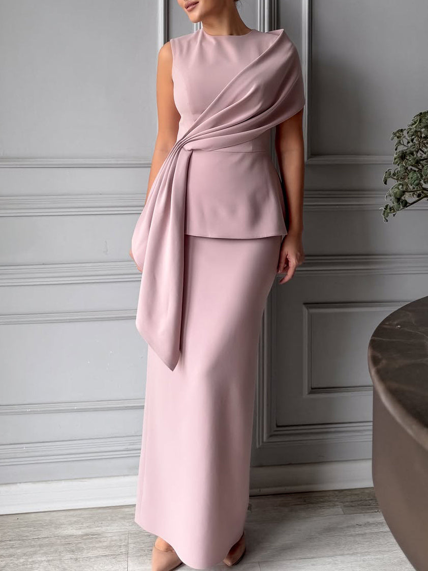 Solid Color Sleeveless Round Neck Top & Hip-Wrap Skirt Set
