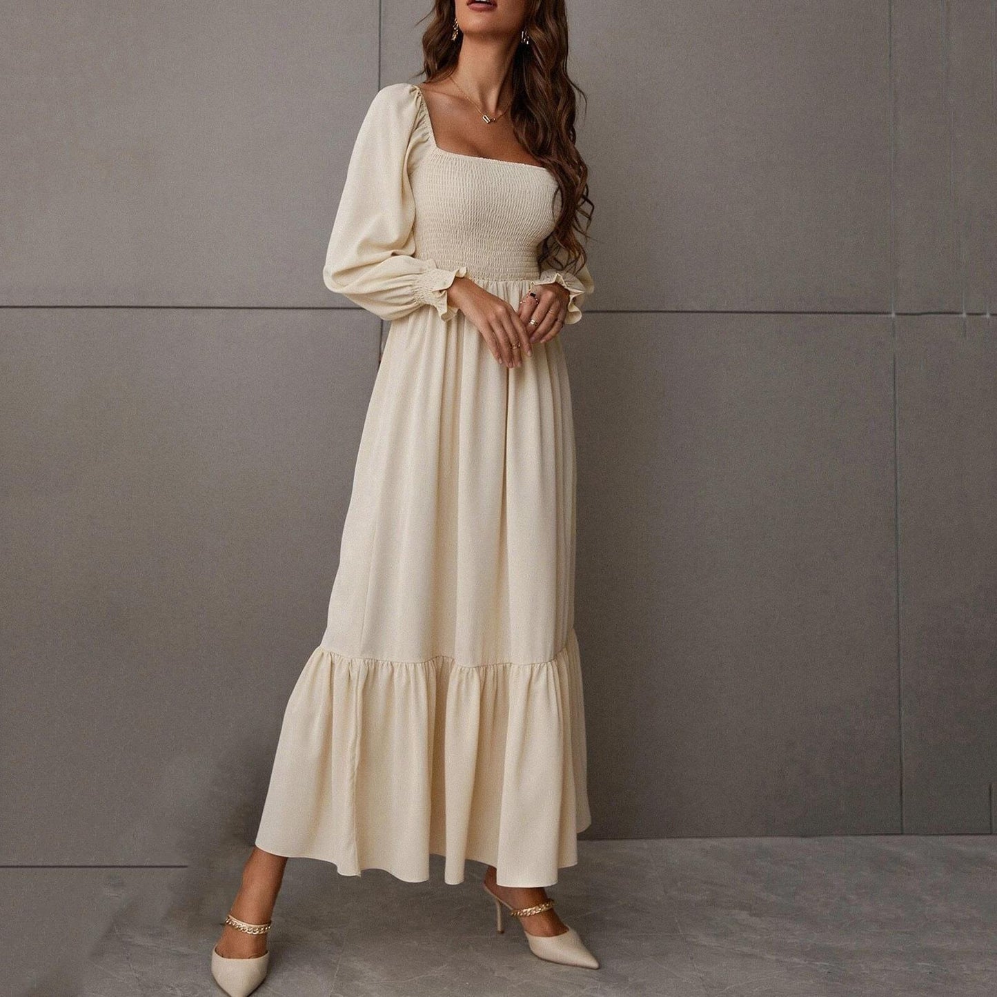 Pullover Square Collar Long Sleeve Ruffled High Waist Tight Temperament Dress