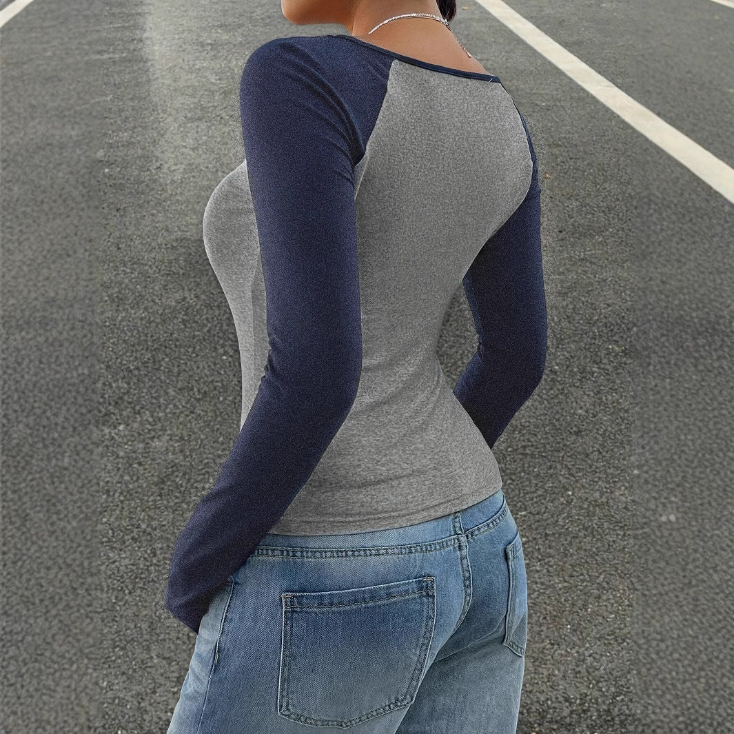 Women's Casual Color Matching Square Collar Long Sleeve T-shirt Spring And Autumn Women's Top