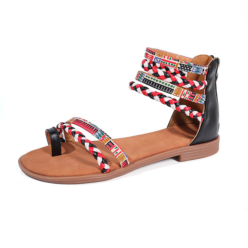 Ethnic Style Flat Sandals Summer Clip Toe Colorful Weave-straped Shoes With Back Zipper Women's Bohemian Beach Shoes