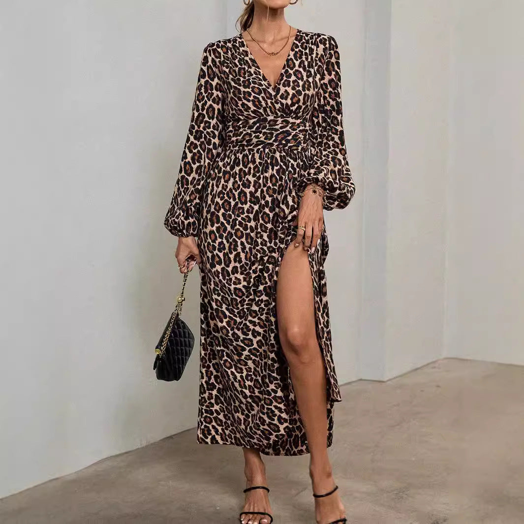 Lantern Sleeve Smocking High Slit Dress