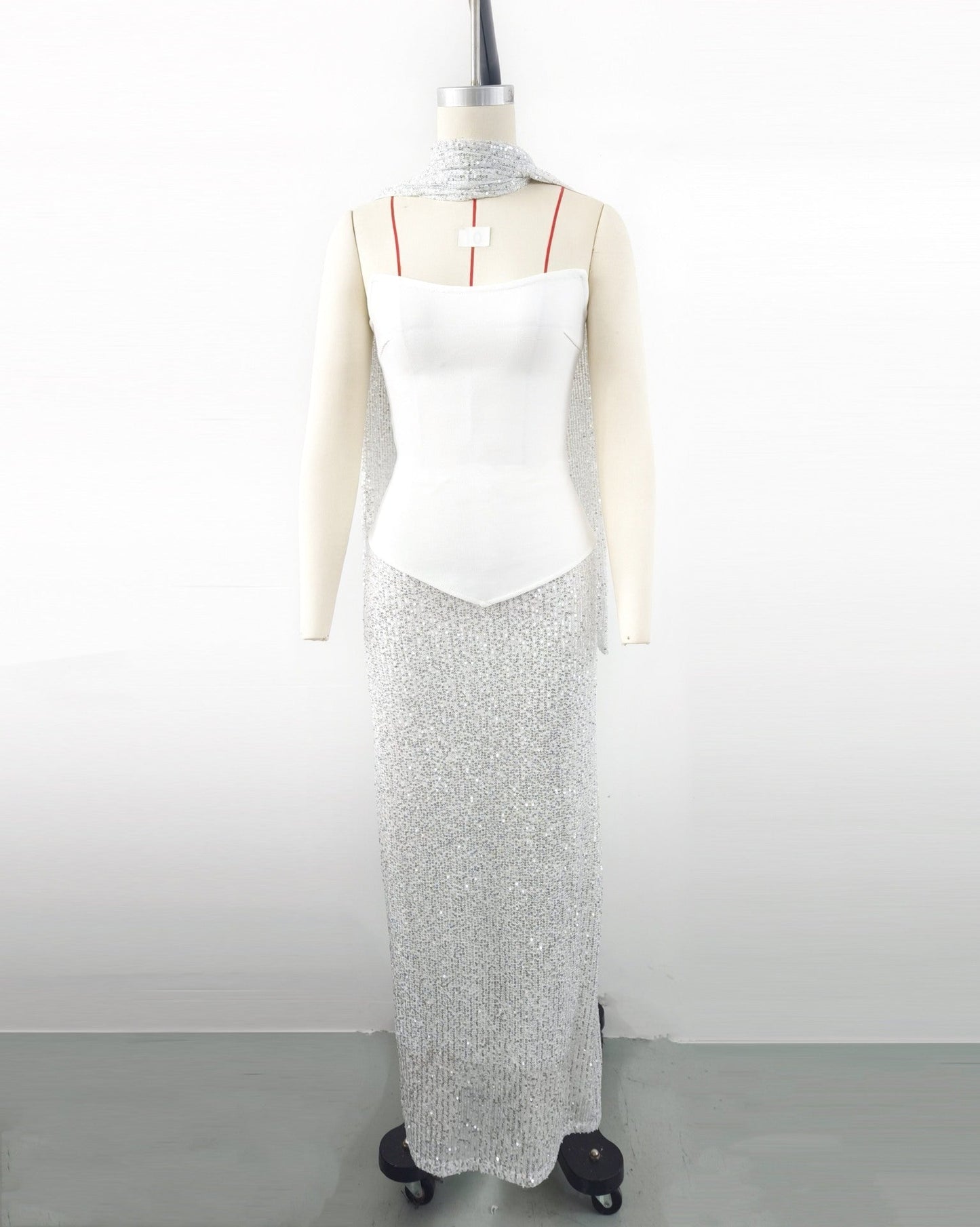 Elegant Scarf Bandage Dress Half-length Sequin Dress Suit