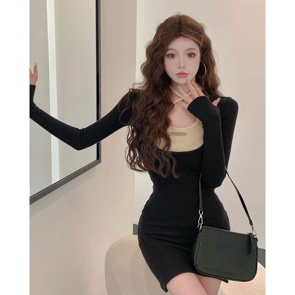 Elegant Halter Hip Skirt Stitching Fake Two Pieces