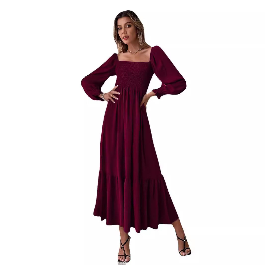 Pullover Square Collar Long Sleeve Ruffled High Waist Tight Temperament Dress