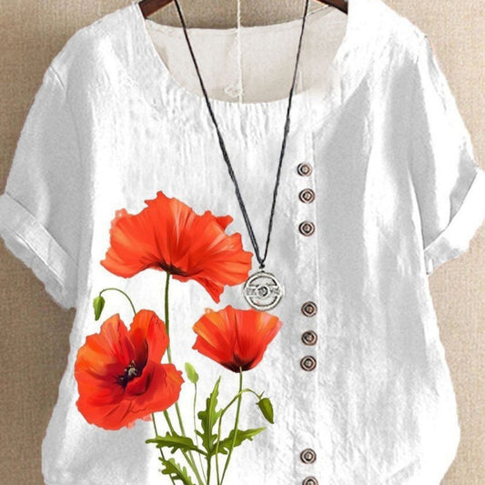 Summer New Printed Floral Button Short Sleeve